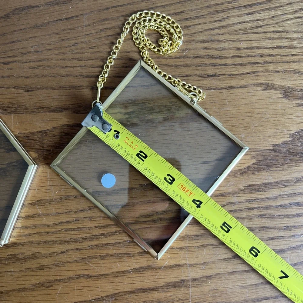Metal Hinged Floating Frames Pressed Flowers Lot Of 2 Gold Tone Hexagon Diamond
